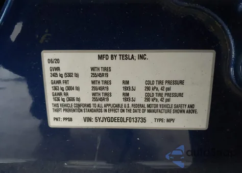 2020 Tesla Model Y Long Range Dual Motor All-Wheel Drive z USA, uszkodzony, nr VIN 5YJYGDEE0LF013735